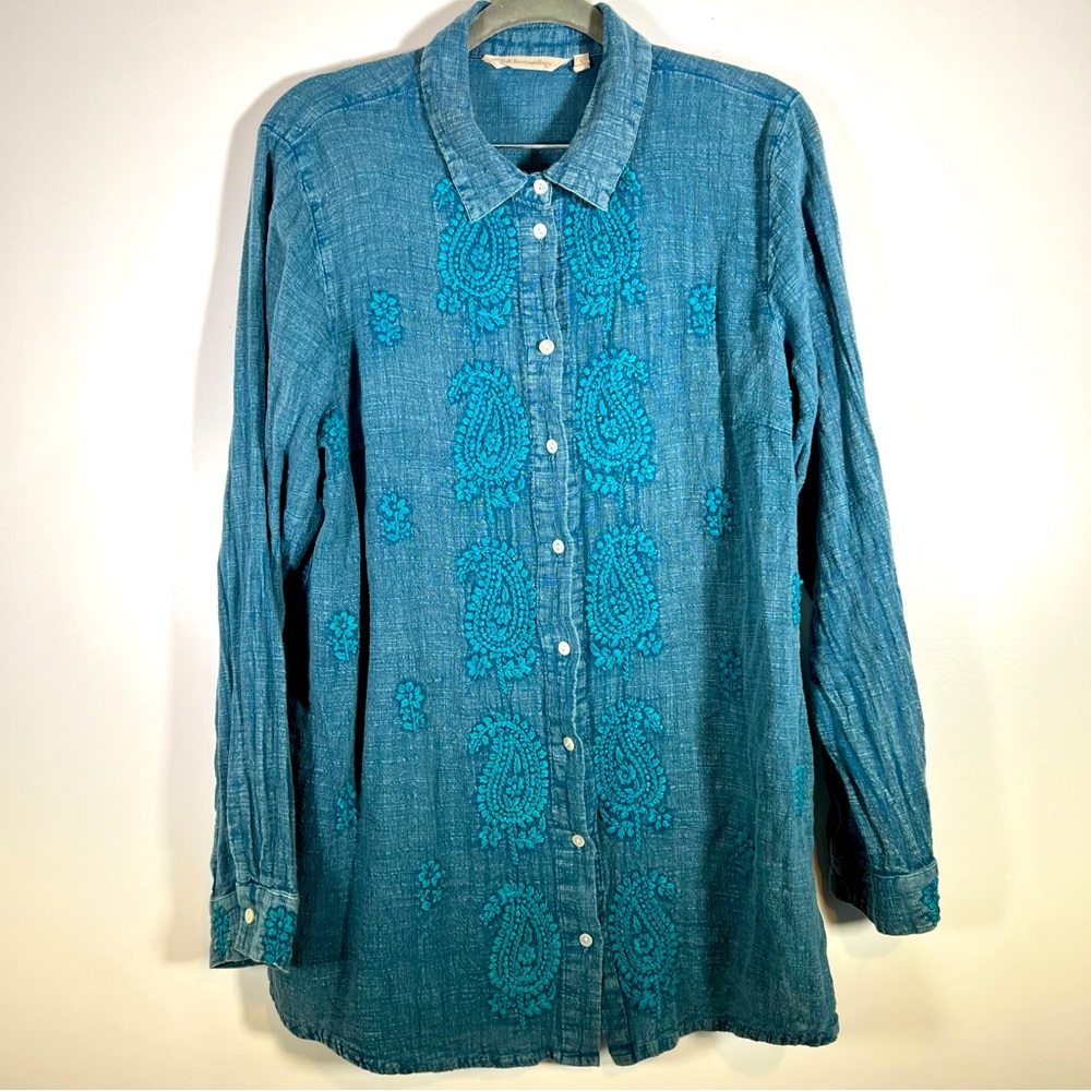 Soft Surroundings Tunic Top Button Down Embroidered Paisley Size Large